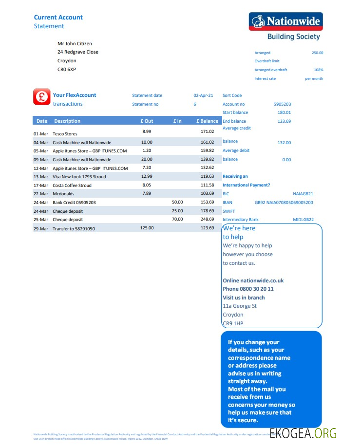 Modèle de relevé bancaire national du Royaume Uni au format de fichier Excel et PDF